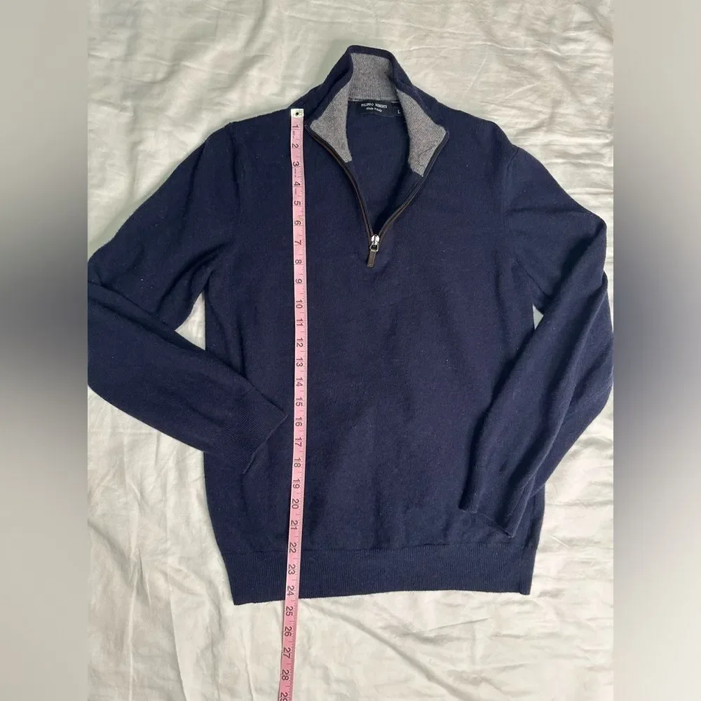 Men’s Filippo Riberti 1/4 ZIP Cashmere Wool Blend Golf Sweater Italy Made Navy L
